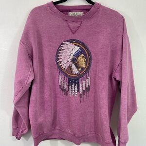 Vintage Native Indian Sweatshirt Purple Medium Y2K Western Graphic Distressed